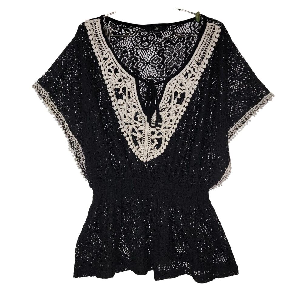 Crochet Small Black Cream Open Knit Floral Top Angel Sleeve Beaded Festival Boho